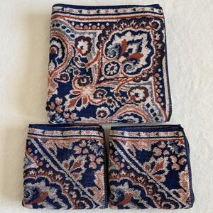 Vintage Martex Bath Towel Set 3 Pc Paisley Blue Rust Hand Towels Made USA